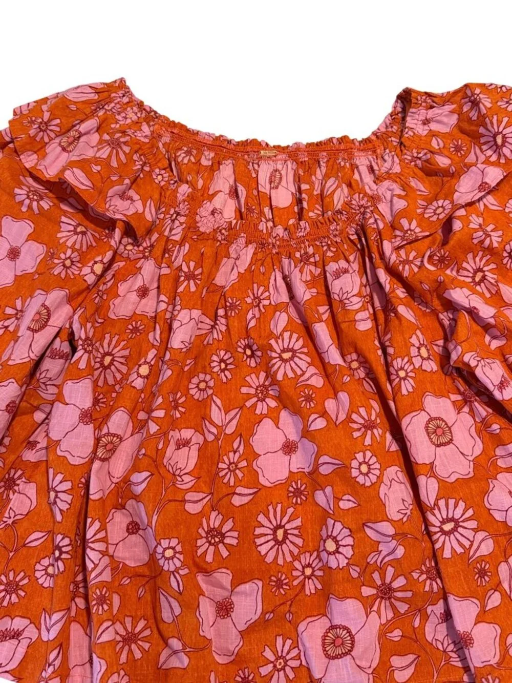 Free People Orange and Pink Floral Ruffle Off the Shoulder Flowy Cotton Top Size